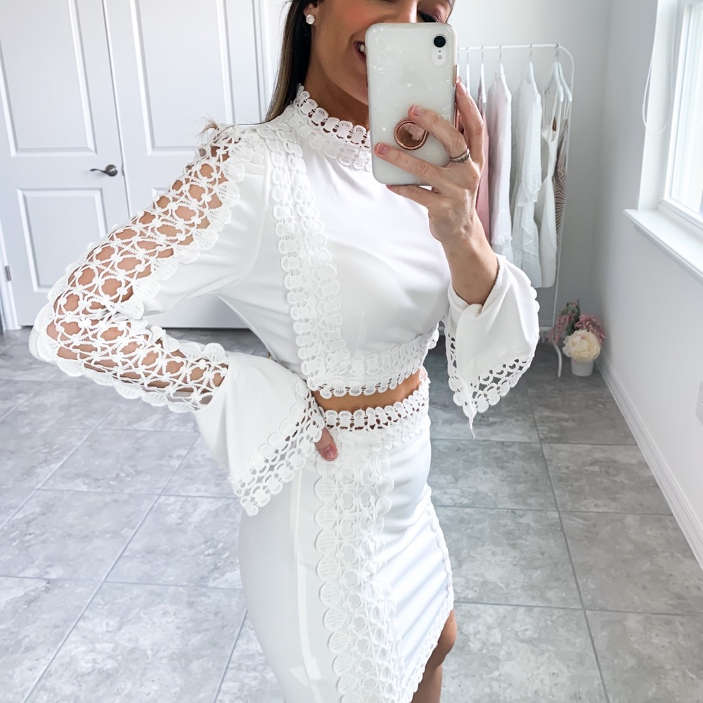 White Guipure Lace Two Piece Top Skirt Coord Set - Picture 11 of 15